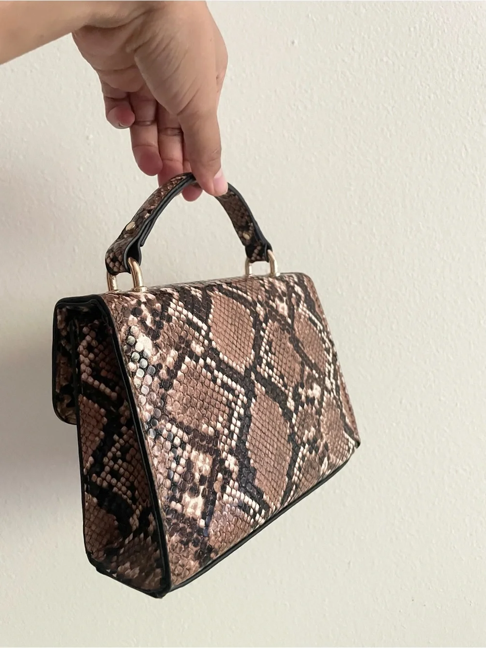 Brown Snake-Print Top Handle Bag